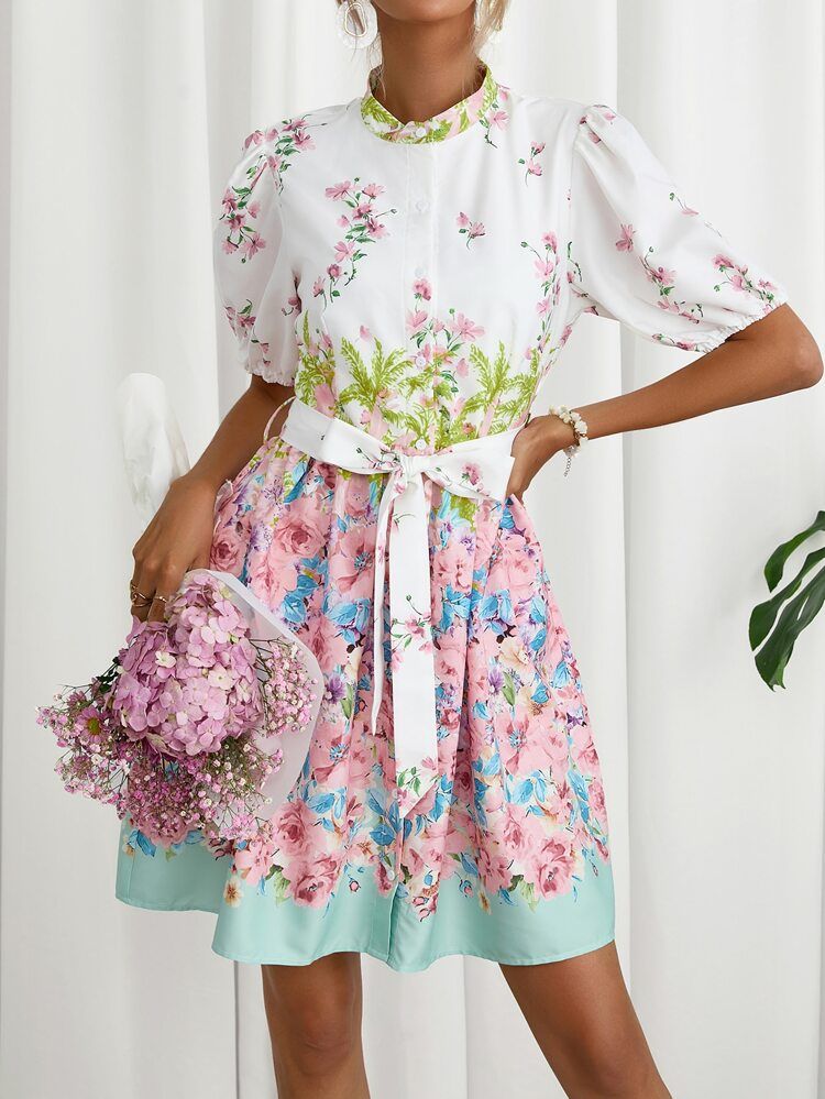 Floral Print Puff Sleeve Belted Dress | SHEIN