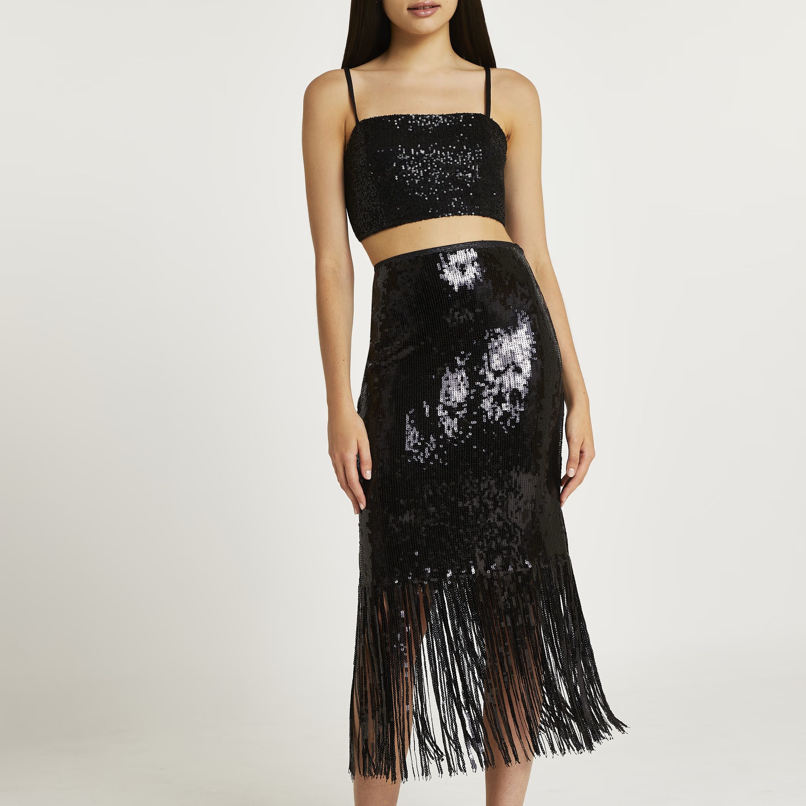 River Island Womens Black sequin tassel hem midi skirt | River Island (UK & IE)