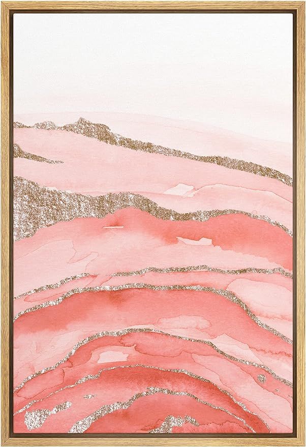 MUDECOR Framed Canvas Print Wall Art Coral Pink Watercolor Gradient Blots Lined with Gold Abstrac... | Amazon (US)