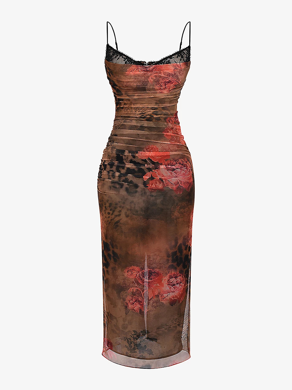 Nalini floral and leopard-print stretch-mesh midi dress | Selfridges