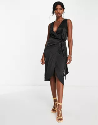 Never Fully Dressed sleeveless satin midi wrap dress in black | ASOS (Global)