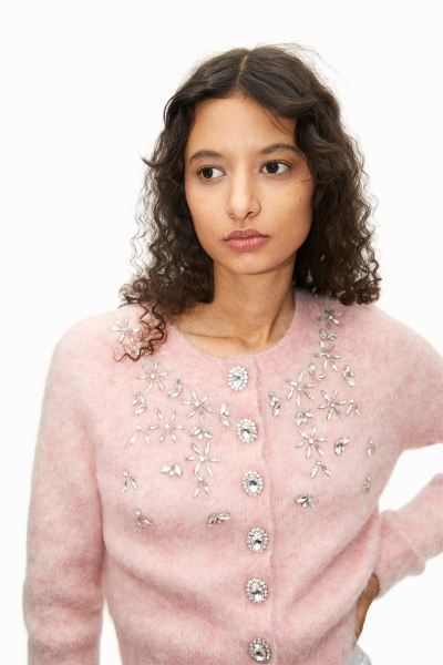 Embellished Mohair-blend Cardigan - Light pink - Ladies | H&M US | H&M (US + CA)