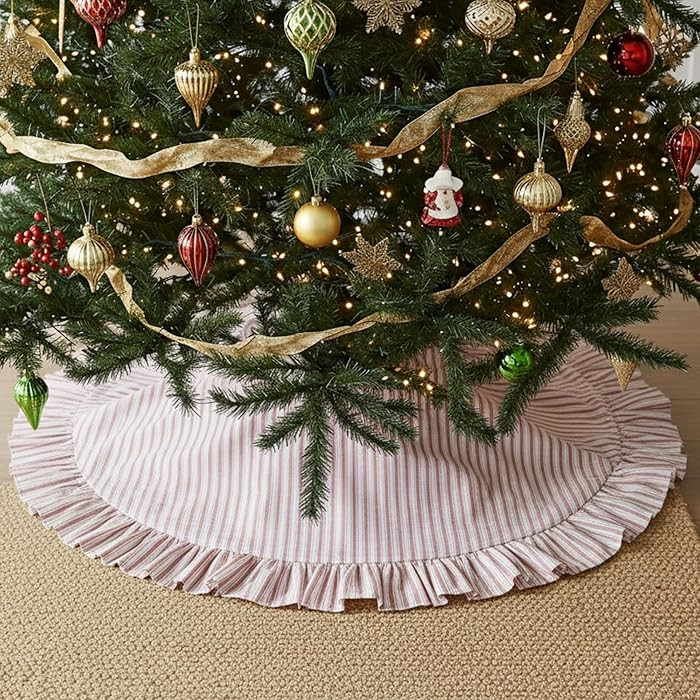 Sosation 48 Inch Christmas Tree Skirt Red Vintage Tree Skirt Striped Xmas Mat with Buttons and Ru... | Amazon (US)