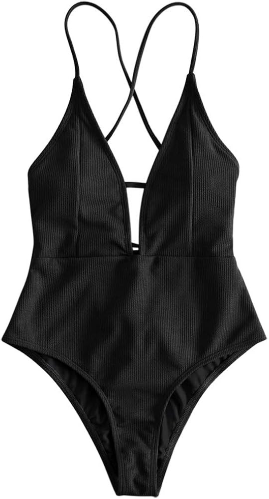 Women's Deep V-Neck Crisscross Lace Up Back Ribbed One Piece Swimsuit | Amazon (US)