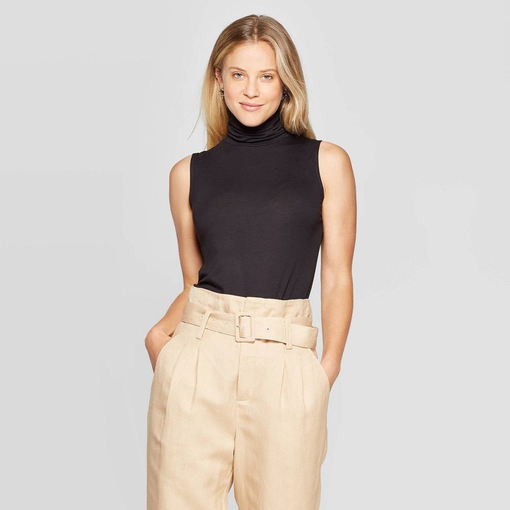 Women's Slim Fit Sleeveless Turtleneck Sweatshirt - A New Day Black S, Size: Small | Target