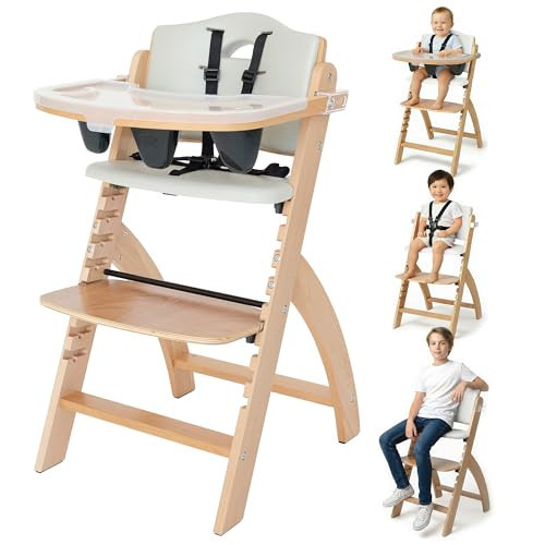 Abiie Beyond Junior Wooden High Chair for Babies and Toddlers - Convertible 3-in-1 Baby Highchair with Removable Tray - 6 Months to 250 Lb - Water Resistant - Natural Wood/Dove Grey Cushion | Amazon (US)