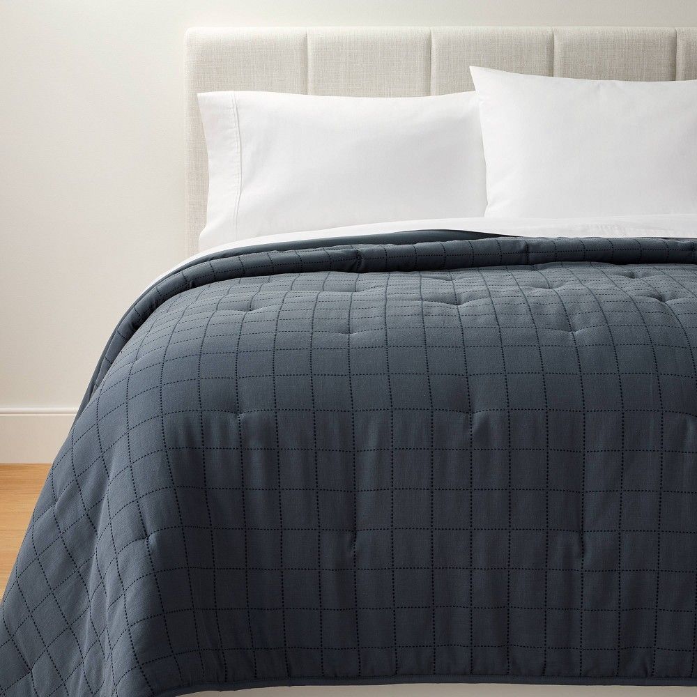 Full/Queen Grid Stitch Cotton Quilt Blue/Navy - Threshold designed with Studio McGee | Target