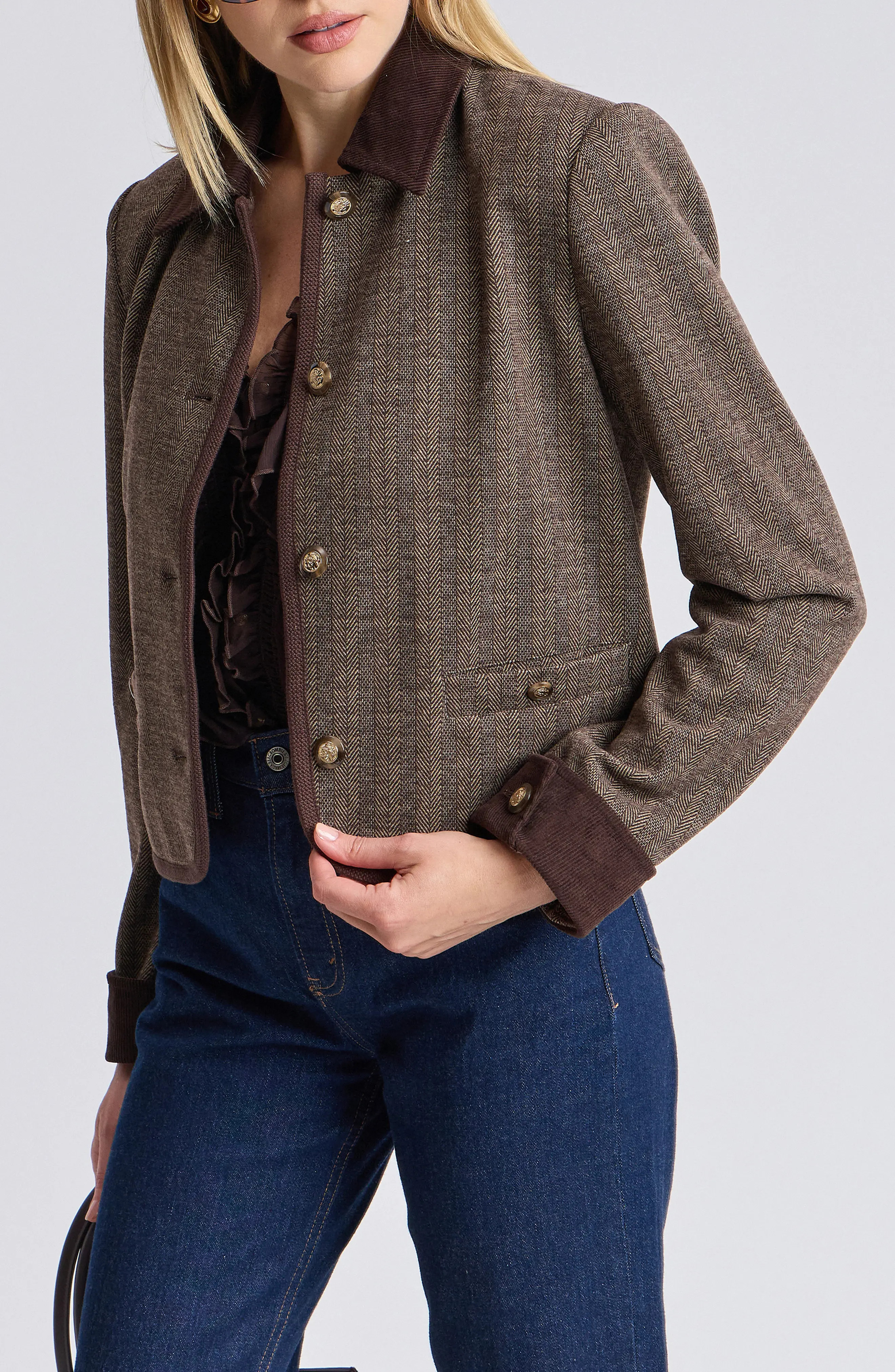 Bagatelle Herringbone Button Front Jacket with Corduroy Collar and Cuffs (Women) | Nordstrom | Nordstrom