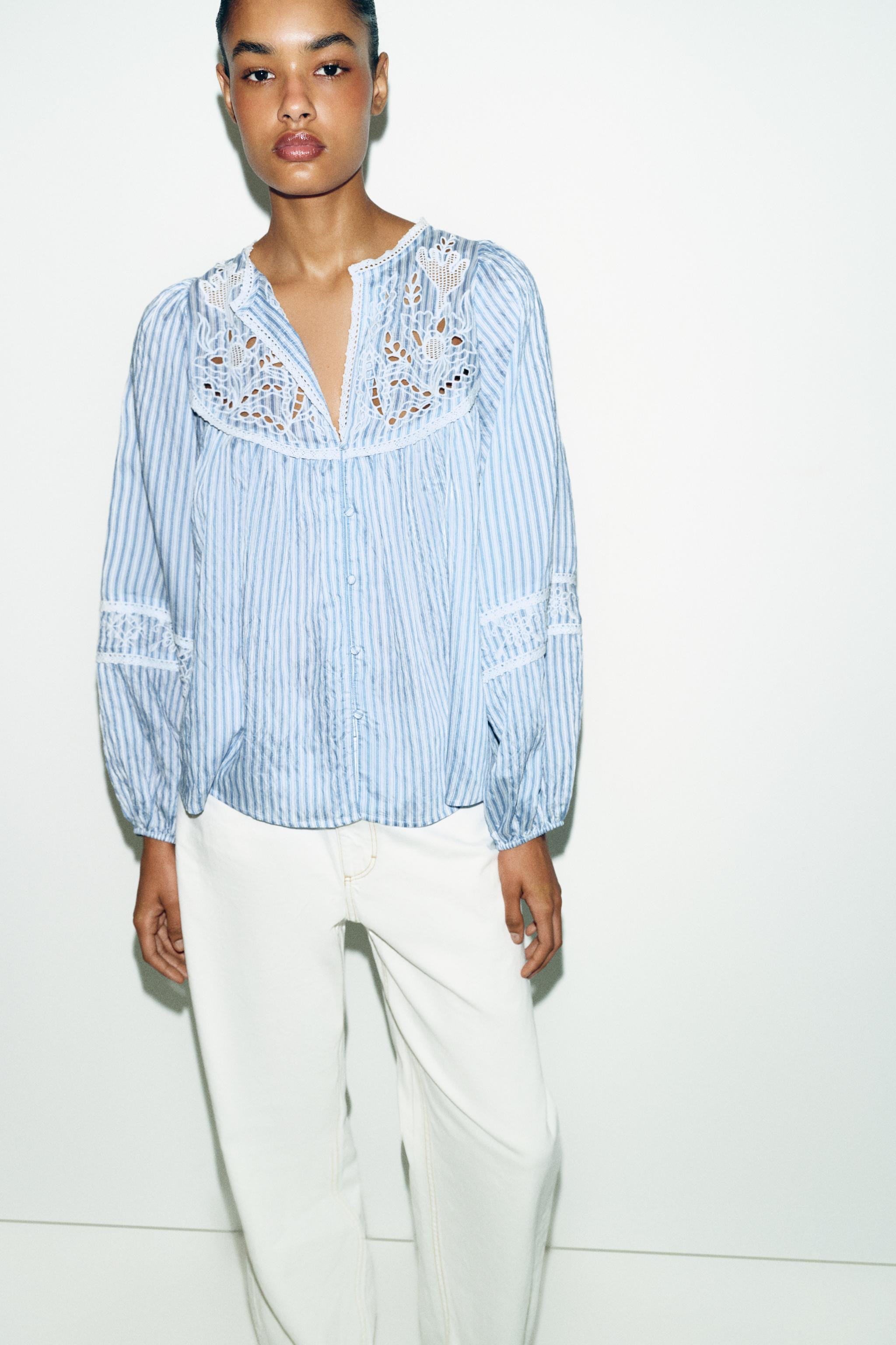 EMBROIDERED STRIPED BLOUSE | Zara UK