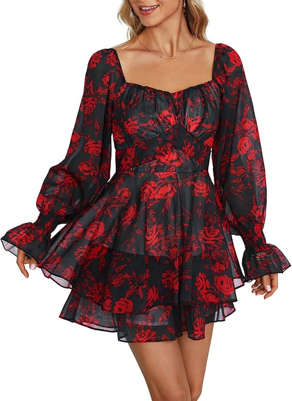 LYANER Women's Floral Print Off Shoulder Long Sleeve Ruffle Hem Romper Short Jumpsuit | Amazon (US)