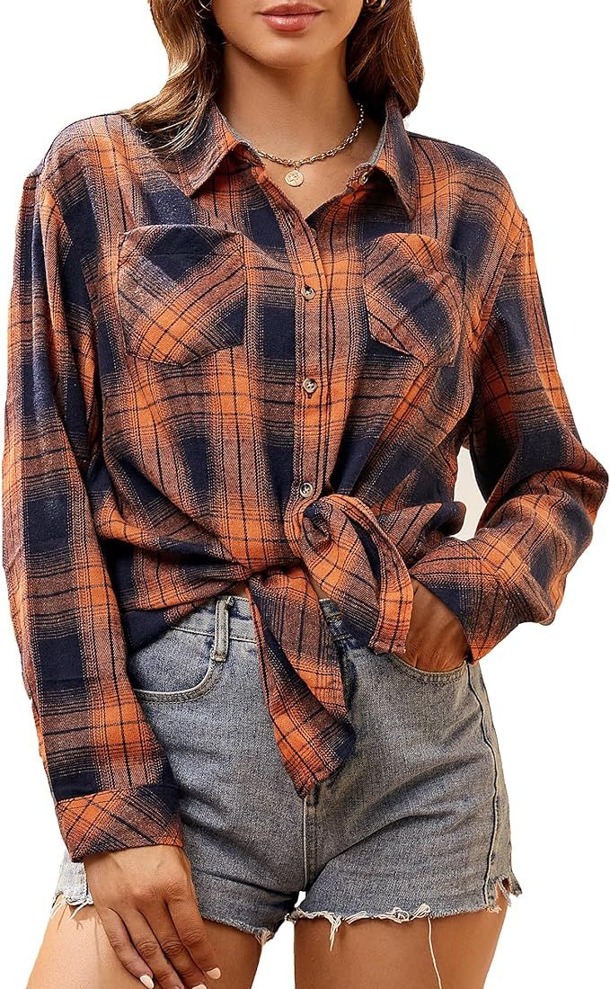 WARHORSEE Plaid Flannel Shirts for Women Long Sleeve, Loose Fit Womens Casual Flannels Button Dow... | Amazon (US)