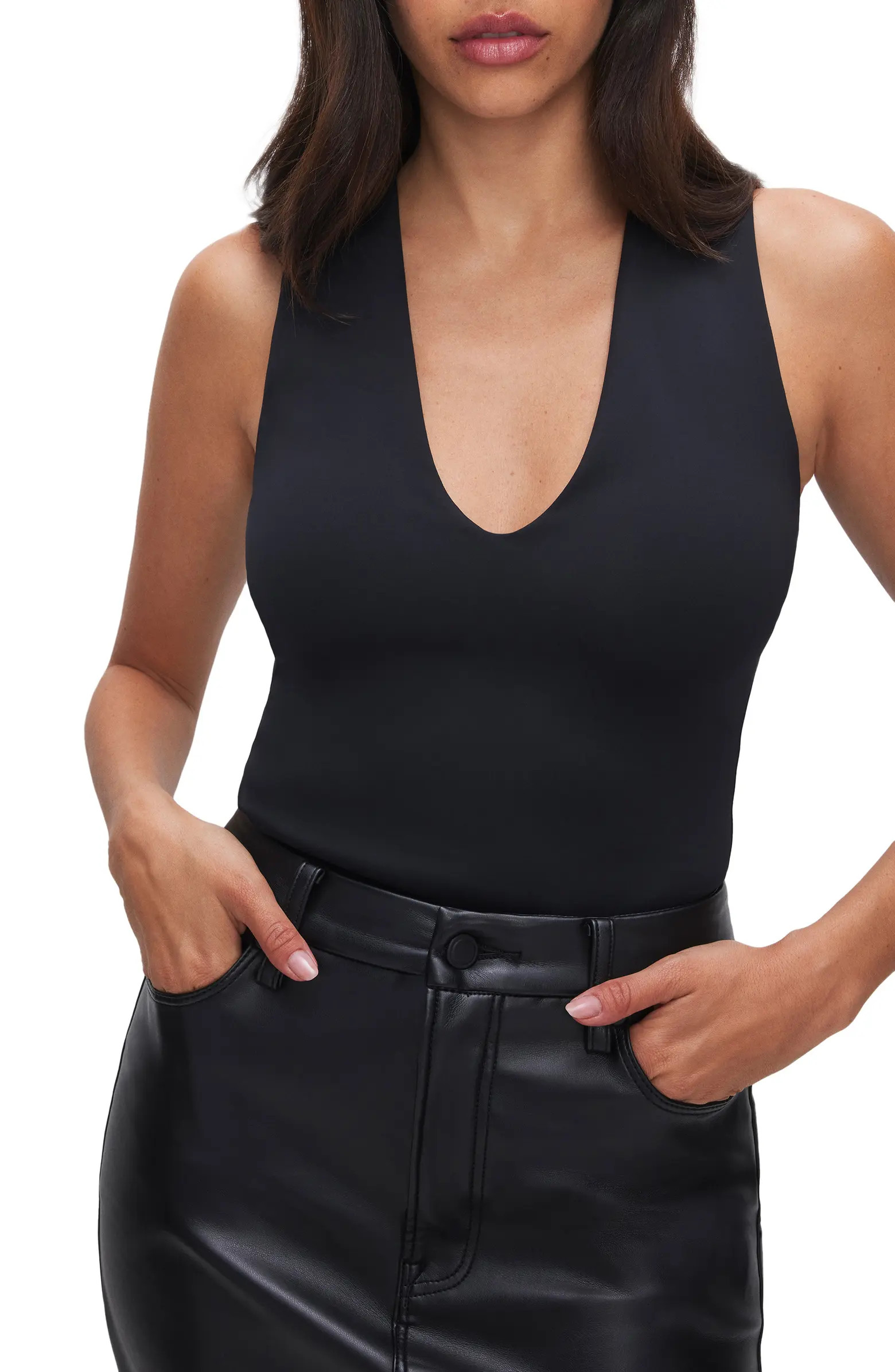 Good American Deep V-Neck Scuba Knit Thong Bodysuit | Nordstrom | Nordstrom