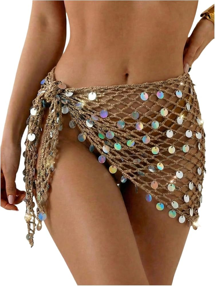 OYOANGLE Women's Glitter Sequin Wrap Knot Side Sarong Coverup Crochet Vacation Bikini Cover Up Sk... | Amazon (US)