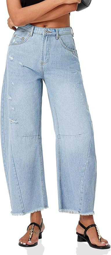 Cicy Bell Women's Baggy Wide Leg Jeans Barrel Horseshoe Boyfriend Cropped Raw Hem Denim Pants | Amazon (US)