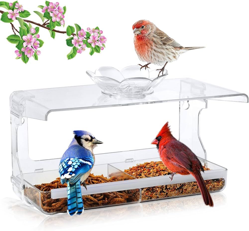WENMIXER Window Bird Feeder with Non-Marking Self-Adhesive Hooks, Clear Window Bird Feeder for Ou... | Amazon (US)