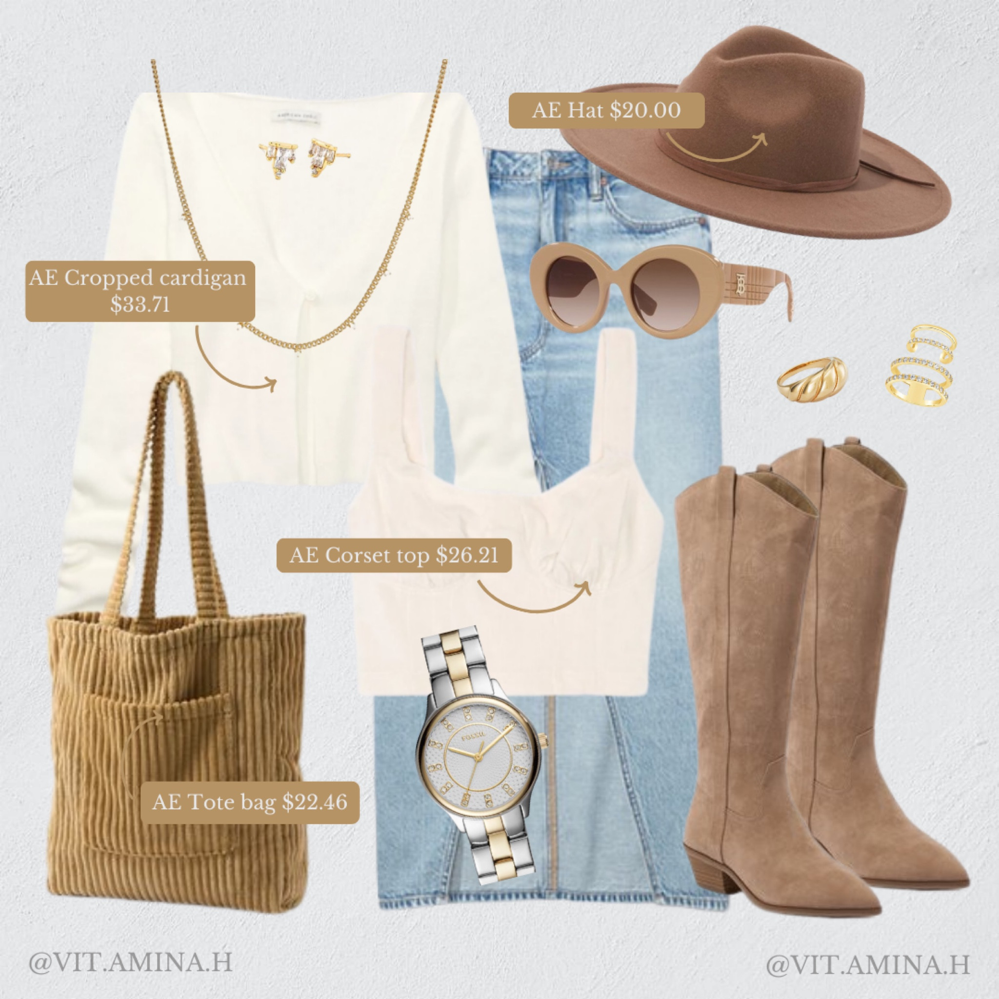 Shop the American Eagle Outfitters sale today! 25-70% Off Everything, including new arrivals and clearance! Click below to shop this outfit! Follow me @vit.amina.h for more! 💕✨

{Beige outfit, Fall outfit, Tote bag, Cowboy boots, Fossil, Fossil watch, Zulily, Nordstromrack, Target, Gold jewelry, Mejuri, Hat, Burberry, Burberry sunglasses, Corset top, sweater, denim skirt, denim midi skirt, Sale of the day, Shop the sale}

#LTKstyletip #LTKSale #LTKsalealert