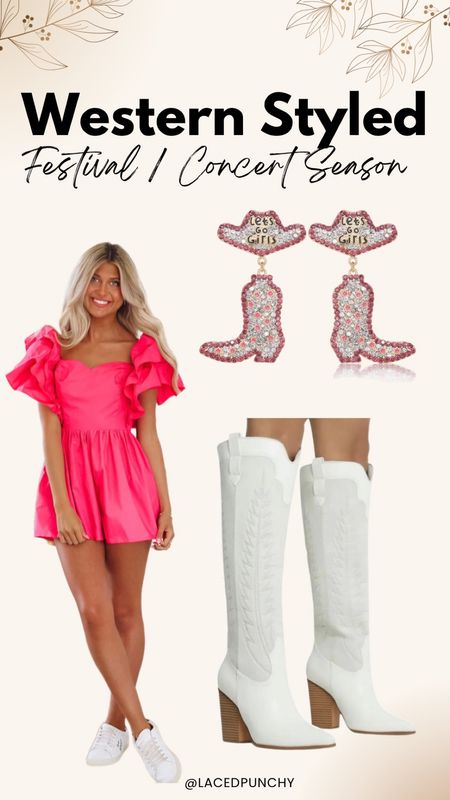Western fashion, concert season, romper, ruffle sleeves, white cowgirl boots, beaded earrings, country outfits, boots, cowgirl fashion 

#LTKshoecrush #LTKstyletip #LTKSeasonal