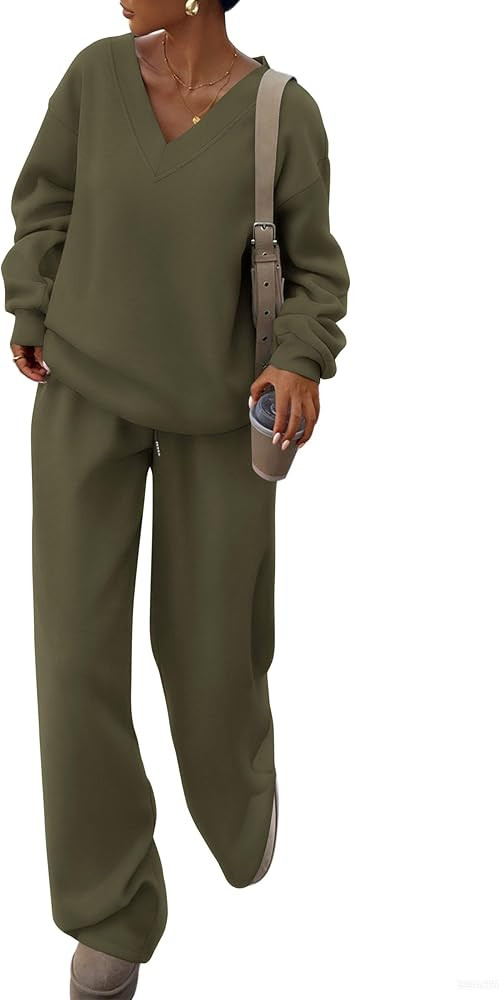 PRETTYGARDEN Casual Winter Two Piece Sets for Women 2025 V Neck Sweatshirt Loose Wide Leg Pants T... | Amazon (US)