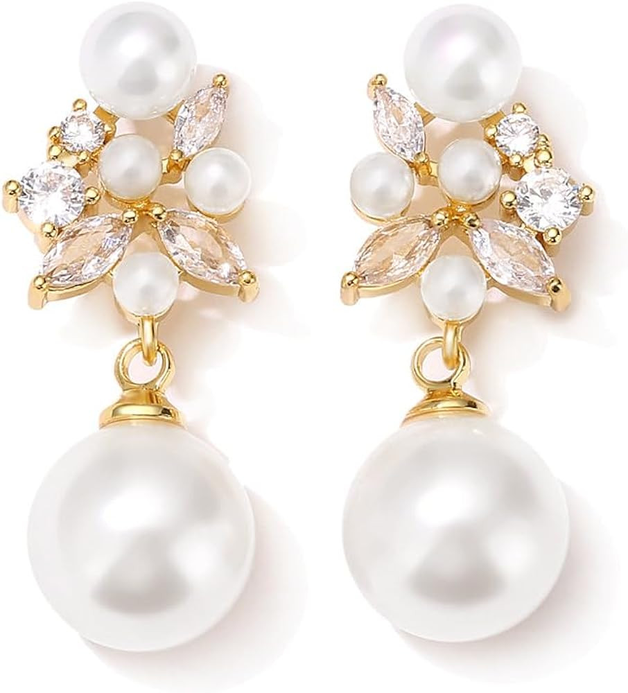 Pearl Drop Dangle Earrings for Women, Pearl Wedding Earrings for Brides Dangling, CZ Bridal Earri... | Amazon (US)