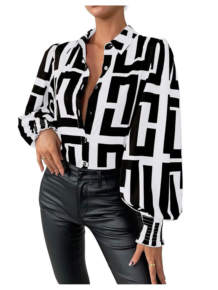 SweatyRocks Women's Graphic Print Long Lantern Sleeve Collar Neck Button Front Blouse Shirt Top | Amazon (US)