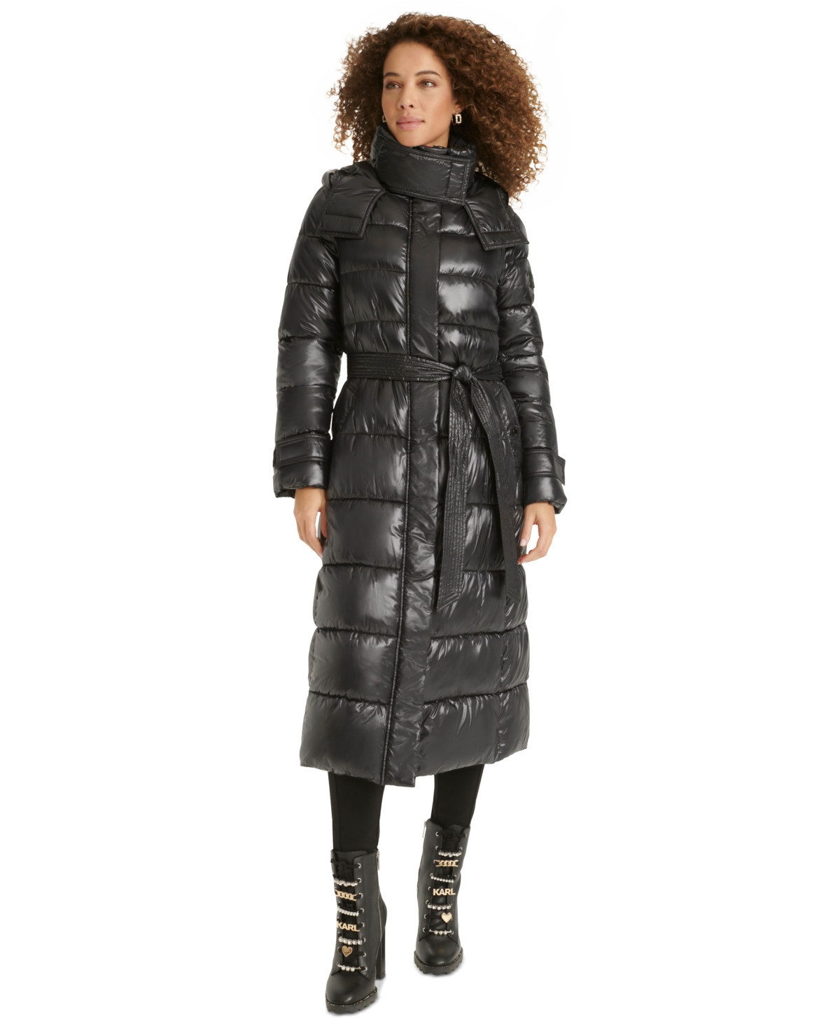 Karl Lagerfeld Womens Shine Hooded Belted Puffer Coat - Black | Macy's