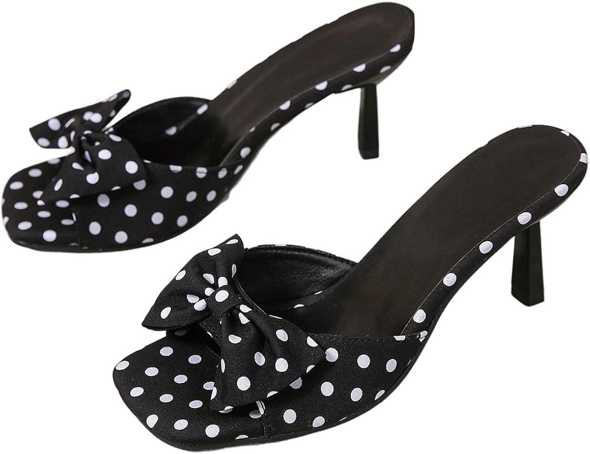 MakeMeChic Women's Polka Dots Bow Knot Heeled Sandals Square Toe Slide Shoes | Amazon (US)