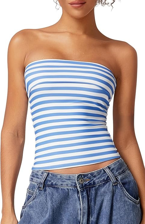 QINSEN Women's Tube Tops Strapless Bandeau Tops Double Lined Slim Fit Summer Going Out Tank Tops | Amazon (US)