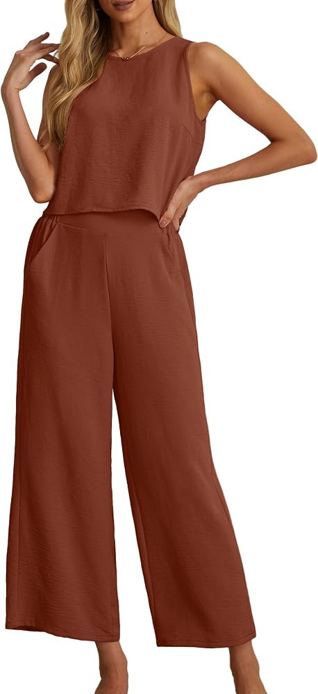 IWOLLENCE Women's Summer 2 Piece Outfits Set Round neck Sleeveless Tank Crop Top Wide Leg pants S... | Amazon (US)