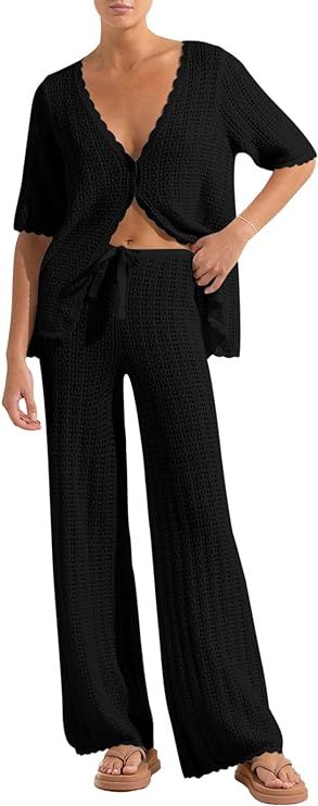 Imily Bela Women's Summer 2 Piece Swimsuit Cover up Crochet Knit Cardigan Tops Long Pants Set Bat... | Amazon (US)