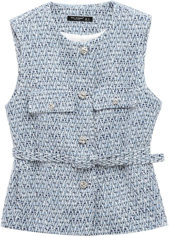 Perbai Womens Tweed Blazer Vest Crewneck Button Down Sleeveless Belted Plaid Work Office Tank Top... | Amazon (US)