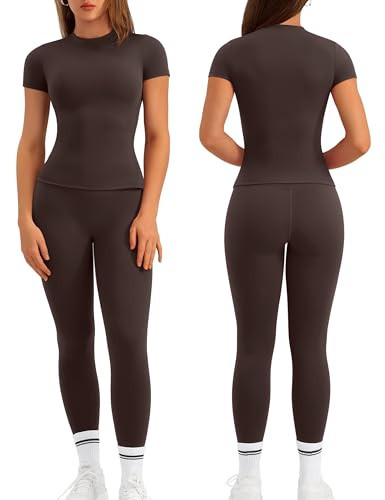 Relety Womens Two Piece Workout Sets Slim Fit Short Sleeve Shirt High Waist Leggings Yoga Outfits Matching Gym Set - Brown Large | Amazon (US)