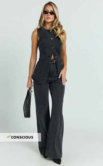 Rhianna Top - Button Down Longline Recycled Denim Vest Top in Black | Showpo (US, UK & Europe)