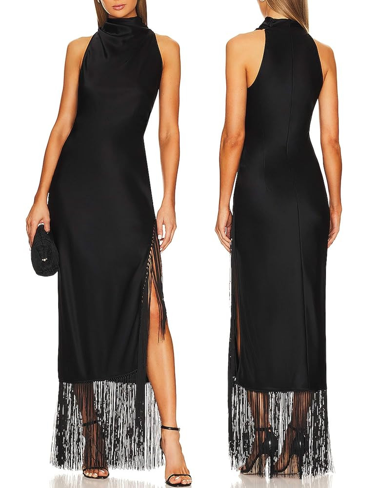 Aigeman Women Vintage Flapper Dresses 1920s Great Gatsby Halter Fringed Maxi Dress Tassels High S... | Amazon (US)