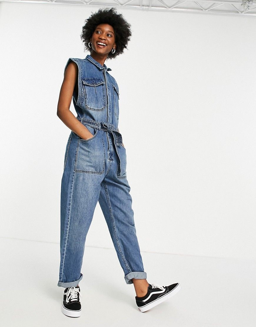 We The Free by Free People - Sydney - Ærmeløst jumpsuit i denim med bindebånd i taljen-Blå | ASOS (Global)