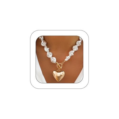 Chunky Gold Big Pearls Heart Pendant Necklaces for Women Baroque Pearl Statement Choker Necklace OT Toggle Love Necklace Jewelry Accessories(Gold) | Amazon (US)