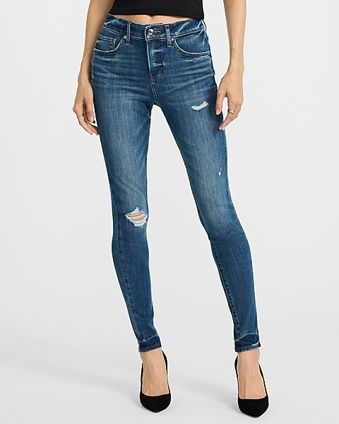 Mid Rise Dark Wash Ripped Skinny Jeans | Express