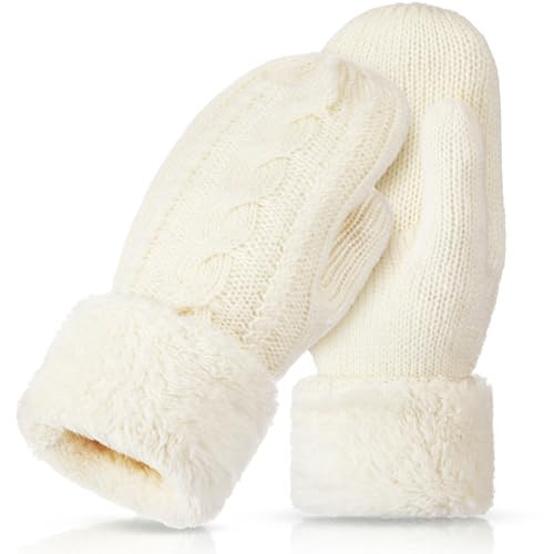 Geyoga 1 Pair Winter Warm Mittens for Women Cozy Thick Knitted Gloves Soft Lining Cold Weather Accessories Gifts (White) | Amazon (US)