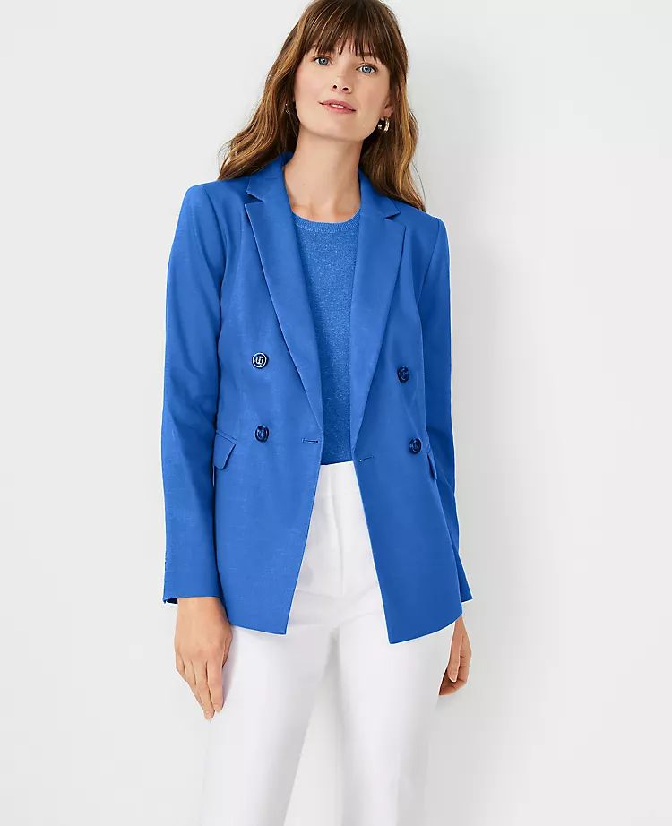 The Relaxed Double Breasted Long Blazer in Linen Blend Twill | Ann Taylor | Ann Taylor (US)