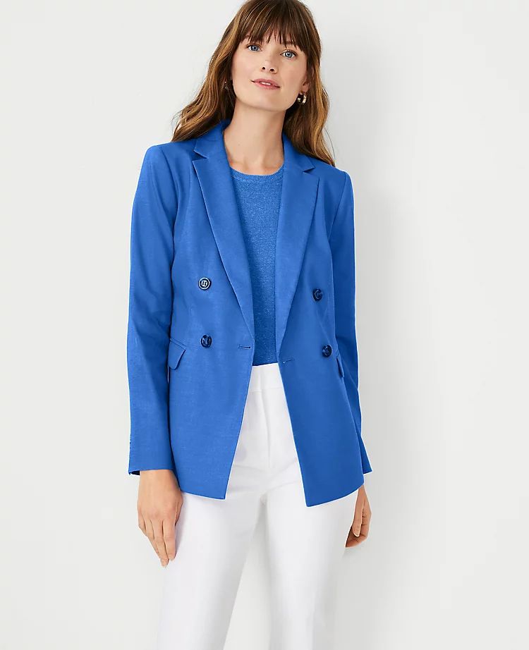 The Relaxed Double Breasted Long Blazer in Linen Blend Twill | Ann Taylor (US)