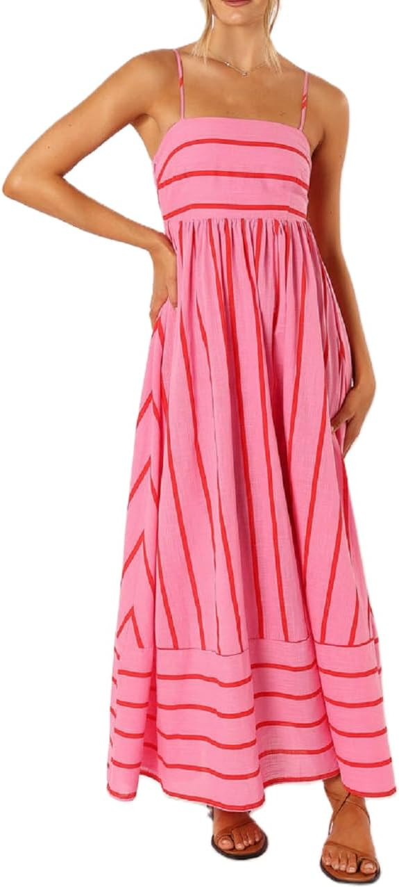NUFIWI Women Summer Striped Maxi Dress Spaghetti Strap Cutout Ruffle Long Dress Flowy Swing Beach... | Amazon (US)