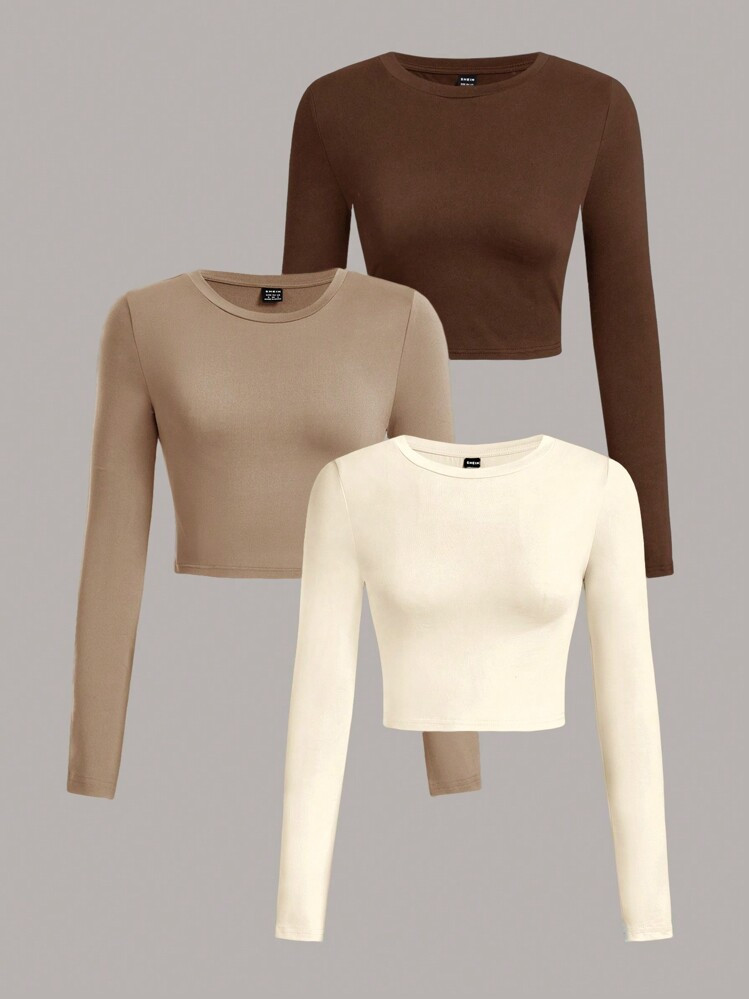 3 Pack Neutral Brown Long Sleeve Crop Tops  | SHEIN