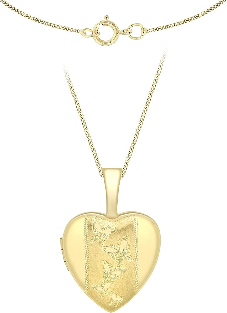 Carissima Gold Women's 9 ct Yellow Gold Etched Butterfly Detail Heart Locket on Curb Chain of Len... | Amazon (UK)