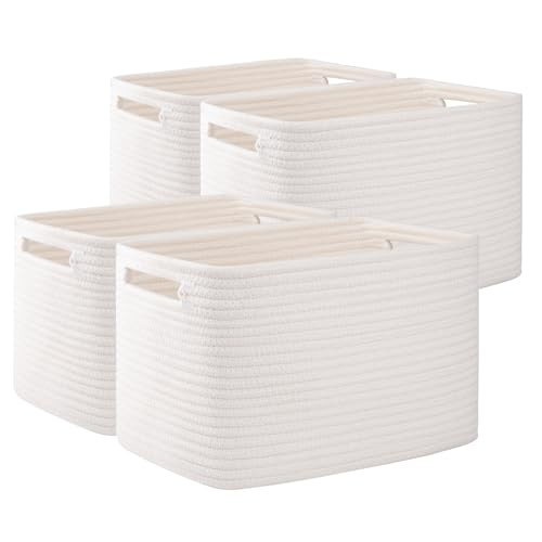 OIAHOMY 4 Pack Storage Baskets for Organizing, Cube Storage Bins for Shelves, Rectangle Storage Baskets With Handles, Woven Baskets for Storage, 12.7''Lx9''Wx7.8''H, White | Amazon (US)