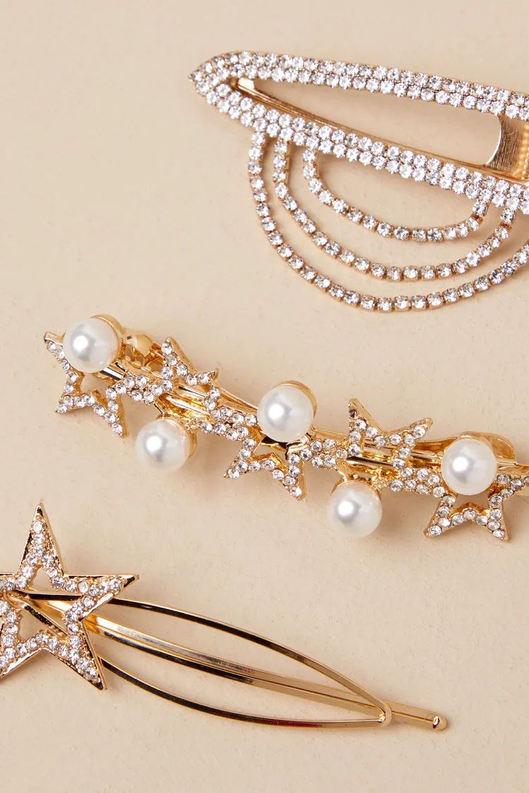 Sparkling Sense Gold Star Pearl Three-Piece Hair Clip Set | Lulus