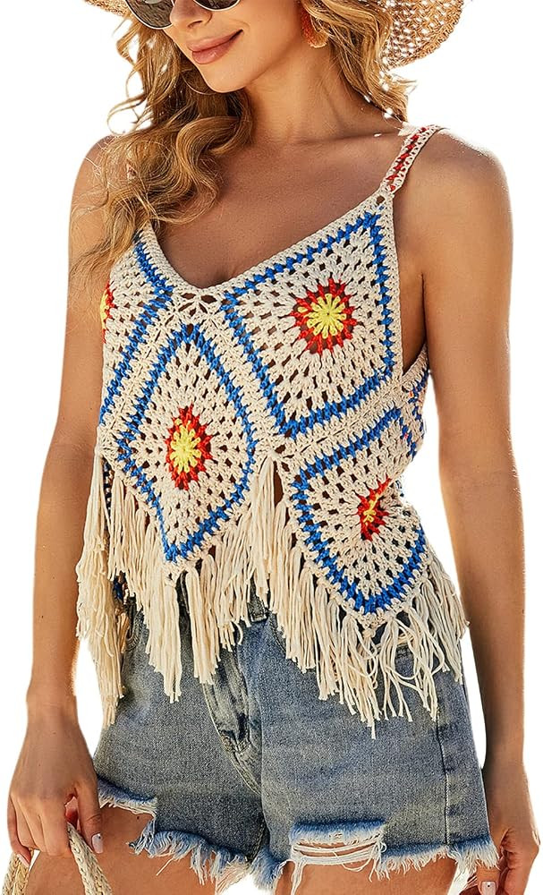 Women Knitted Vintage Flower Crochet Tank Top Boho Sleeveless Handmade Embroidery Crochet Vest Crop Top | Amazon (US)
