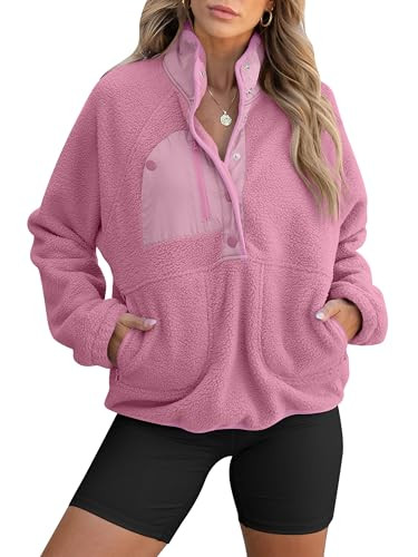 ANRABESS Women Fuzzy Fleece Pullover Sherpa Sweatshirt Long Sleeve Button Down Warm Soft Color Block Jackets with Pockets Pink X-Large | Amazon (US)