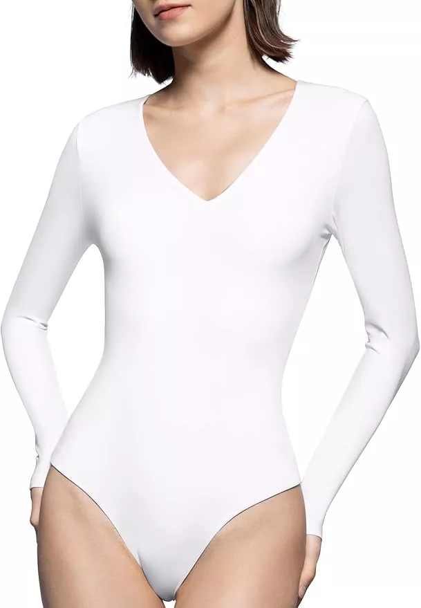  PUMIEY Body Suit For Women V Neck Long Sleeve