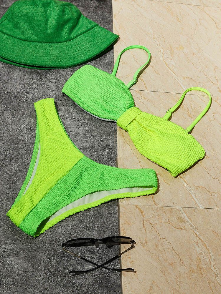 Neon Lime Two Tone Textured High Cut Bikini Swimsuit | SHEIN