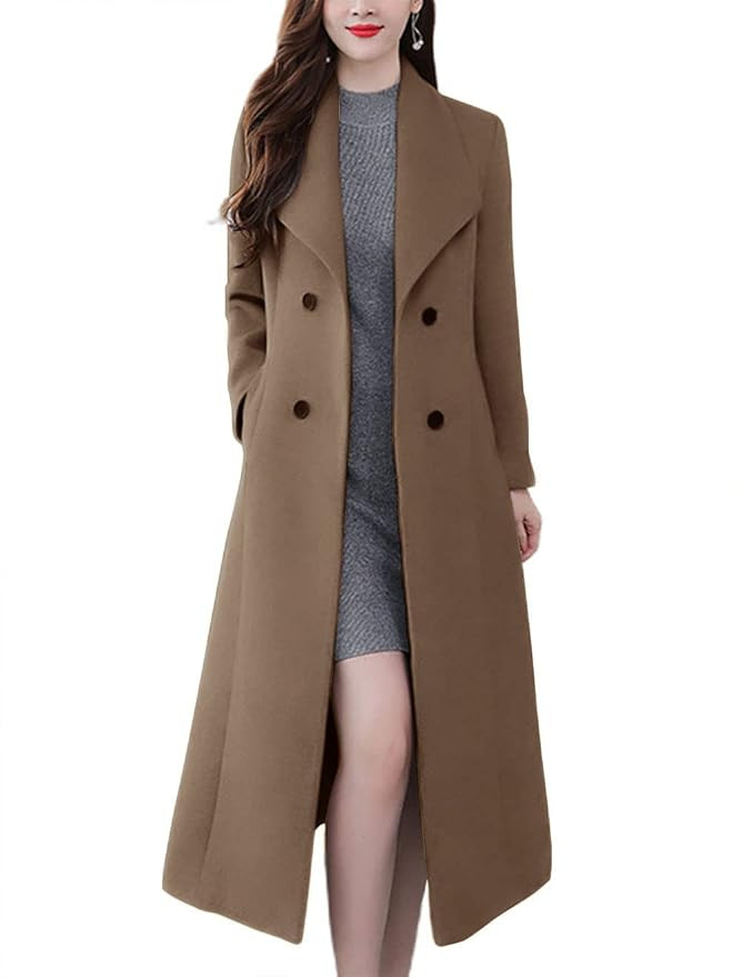 chouyatou Women's Chic Shawl Collar Work Double Breasted Maxi Long Wool Pea Coat | Amazon (US)