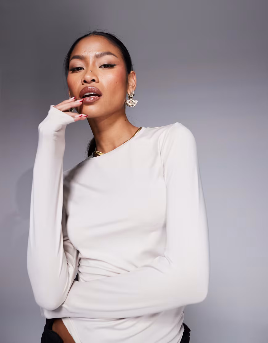 ASOS DESIGN slinky long sleeve top in neutral | ASOS (Global)